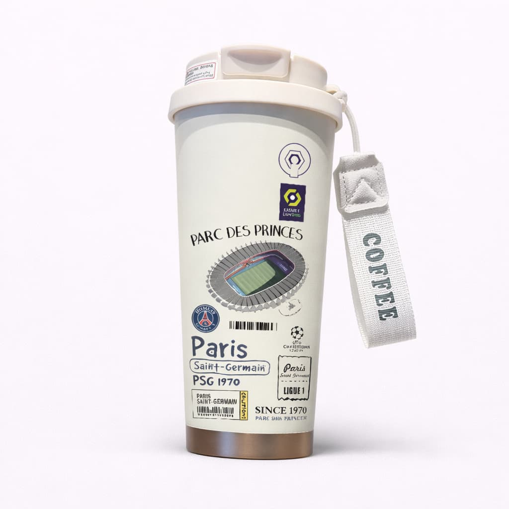 Paris Saint Germain inspired insulated tumbler with Parc des Princes stadium graphic