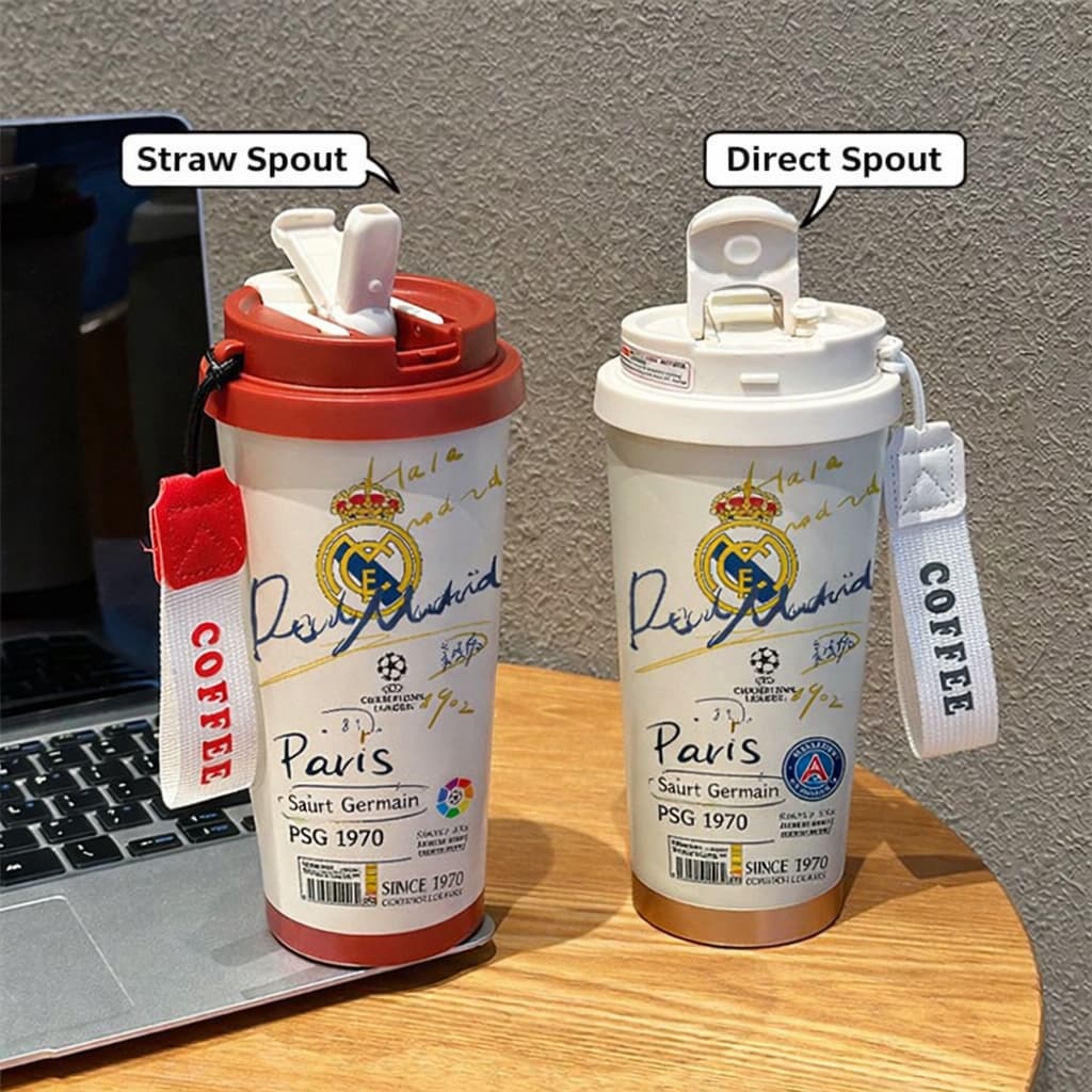 Real Madrid and Paris Saint-Germain themed insulated tumblers with straw and direct spouts, featuring football club logos and COFFEE fabric tags