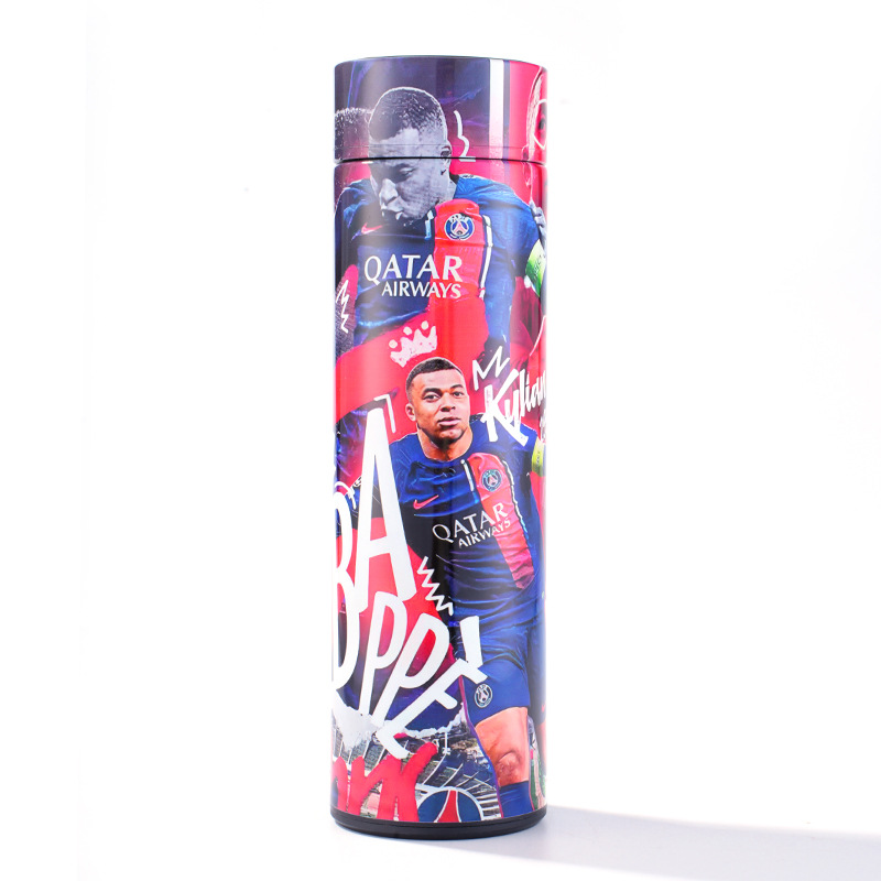 Sublimation football themed insulated bottle with club style player collage graphic printing
