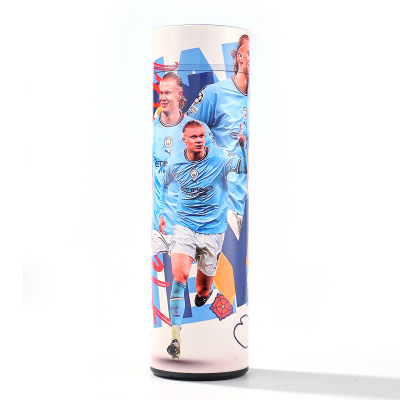 Sublimation stainless steel insulated tumbler with striker action football themed full wrap design