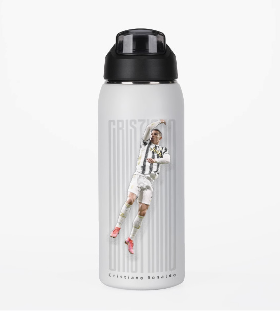 UV printed football star action design on stainless steel insulated water bottle