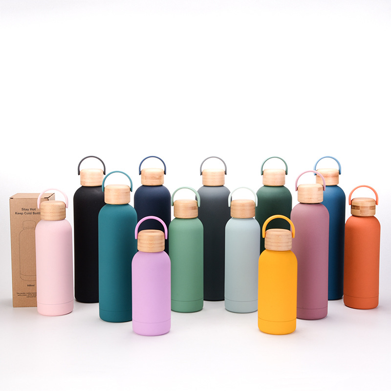 Wholesale custom vacuum insulated water bottles with wooden lid and handle