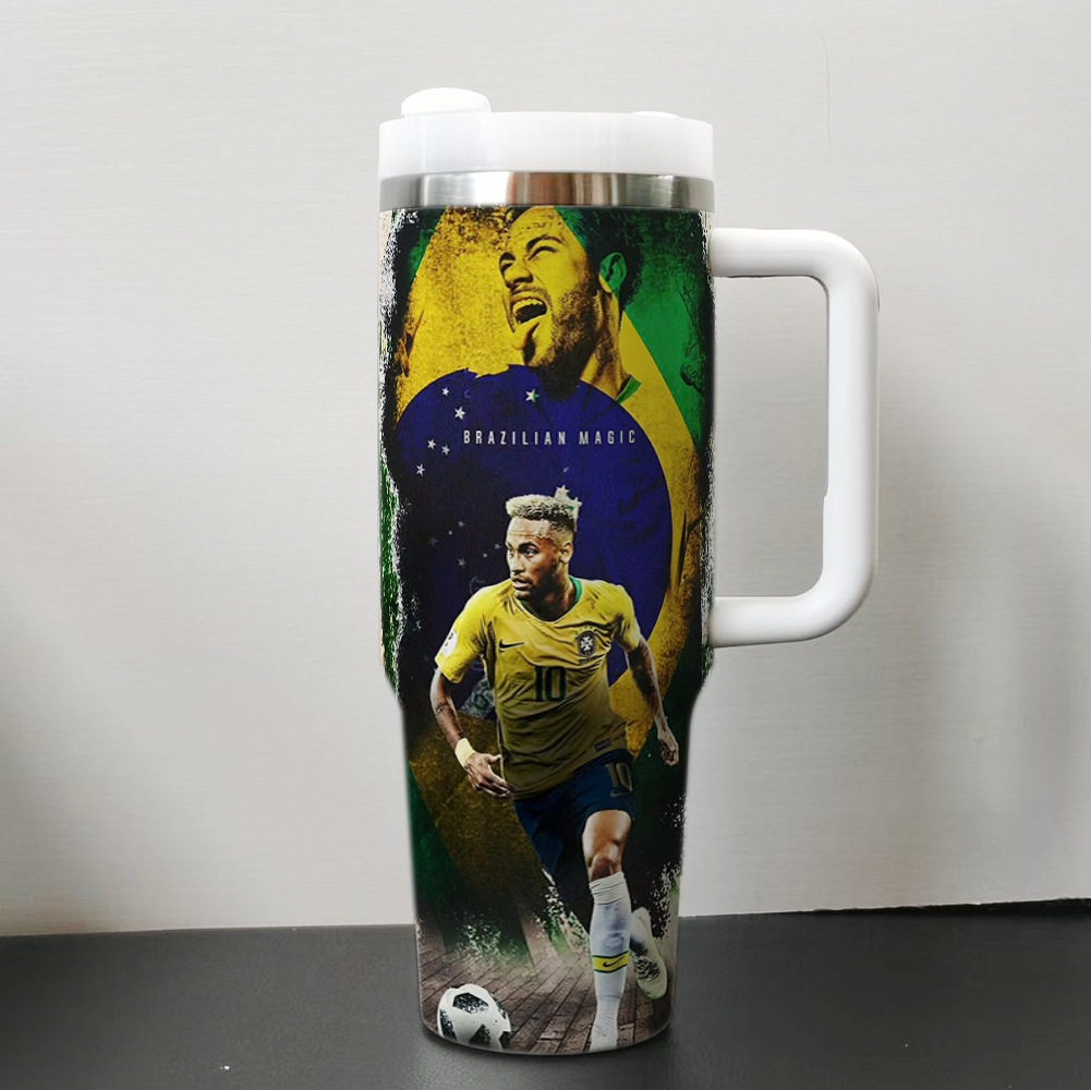 custom football player inspired design on 40oz stainless steel tumbler with handle