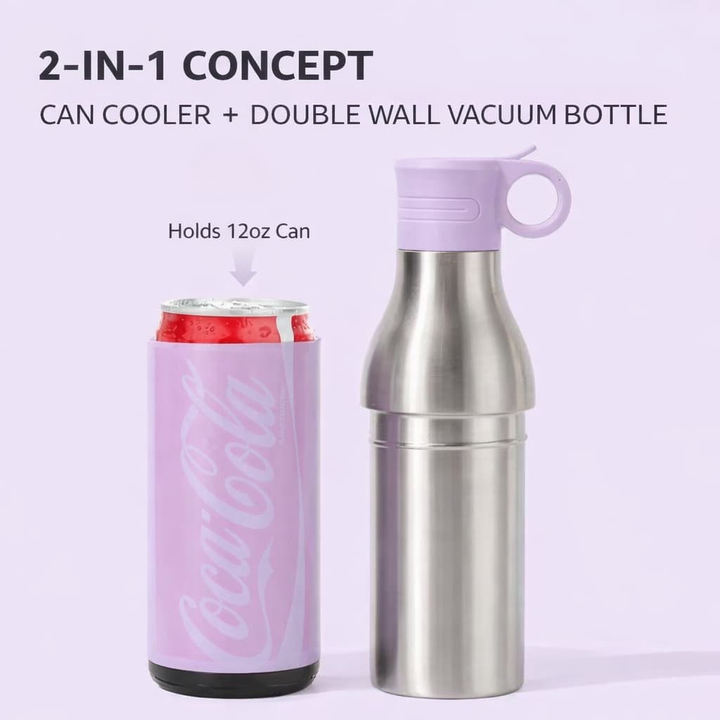 2-in-1 insulated bottle set with removable can cooler sleeve holding a 12oz can and a double wall vacuum stainless steel bottle with lavender lid.