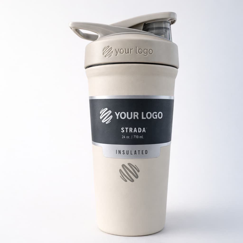Beige insulated shaker bottle with flip lid, custom logo, and black product band on light studio background