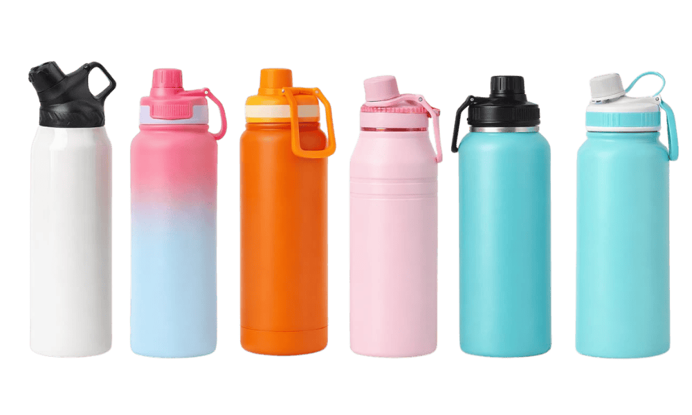 Collage of six stainless steel insulated water bottles in different lid styles and colors on a soft neutral background