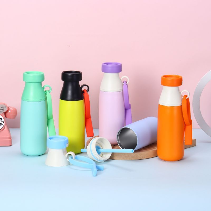 Colorful kids milk-bottle shaped insulated bottles with accessories