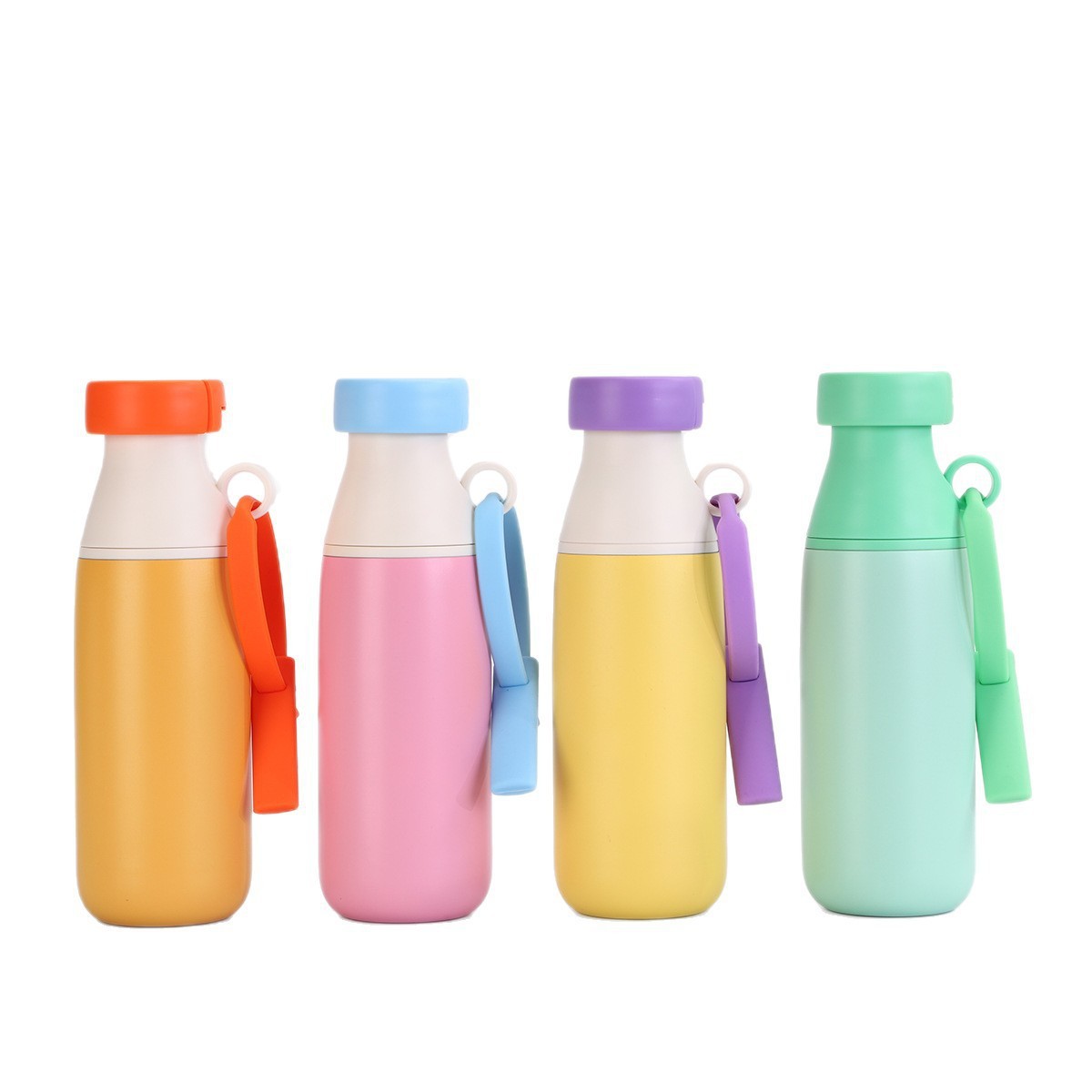 Four dopamine color kids insulated bottles on white background