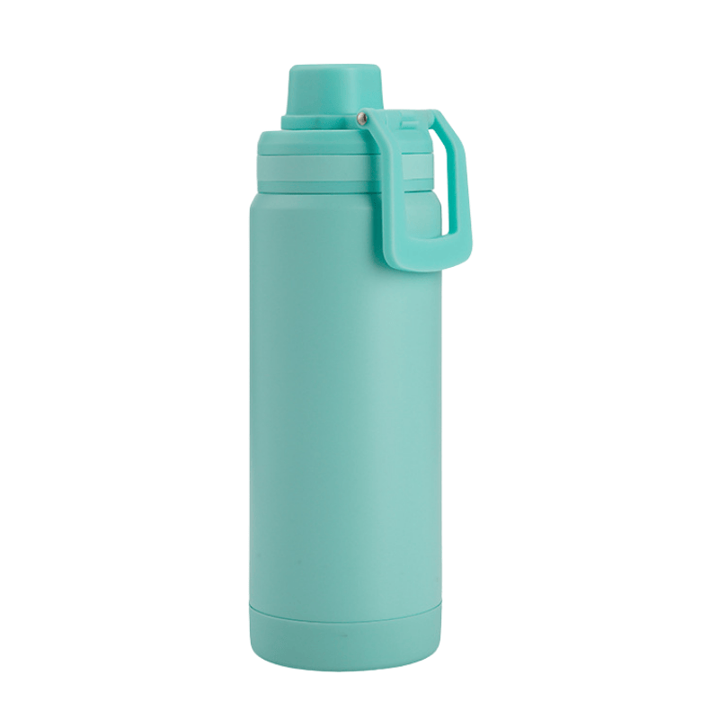 Mint green insulated bottle with spout lid and carry handle on white background