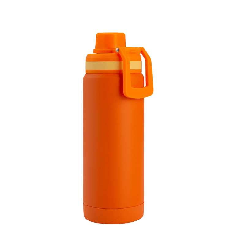 Orange insulated bottle with spout lid and carry handle on white background