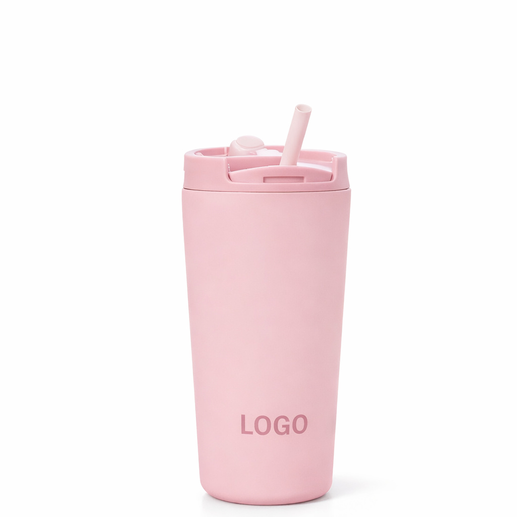 Pink stainless steel straw tumbler on white background with “LOGO” print