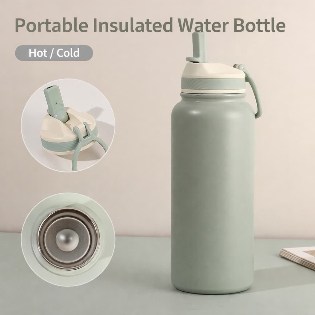 Portable insulated water bottle with straw lid