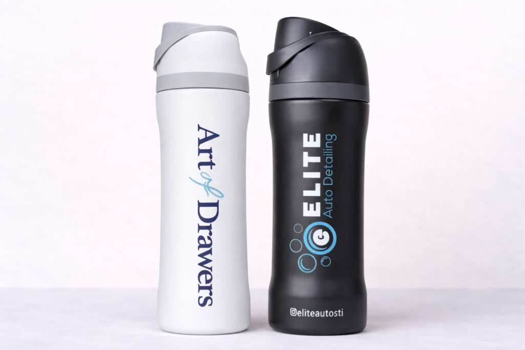 White and black custom stainless steel sport bottles with UV printed logos on a light background