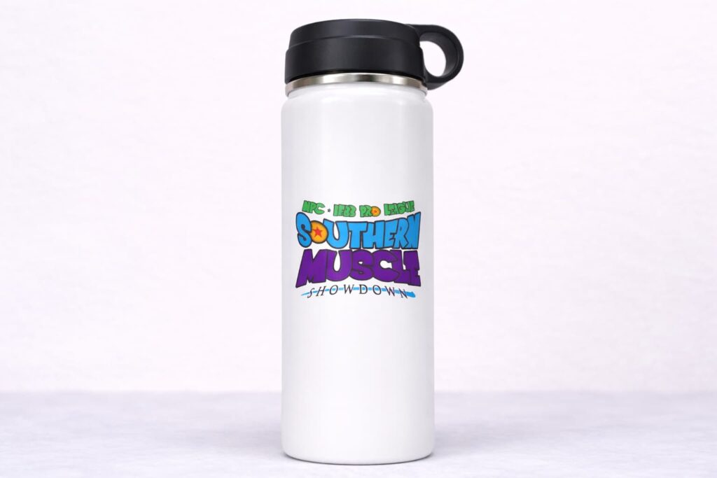 White flip lid stainless steel bottle with pastel full-wrap UV printed cartoon artwork on a light background