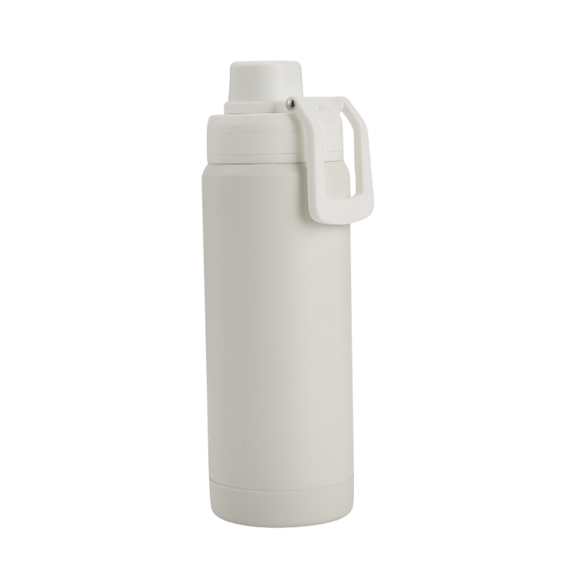 White insulated bottle with spout lid and carry handle on white background