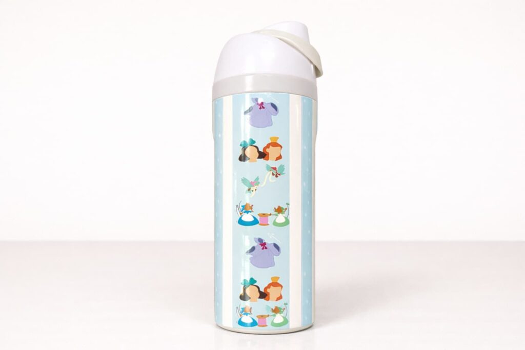 White stainless steel bottle with full-color UV printed logo and black loop lid on a light background