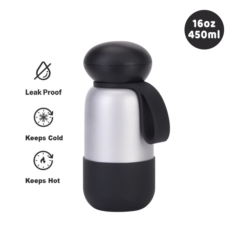 black stainless steel vacuum bottle with round cap