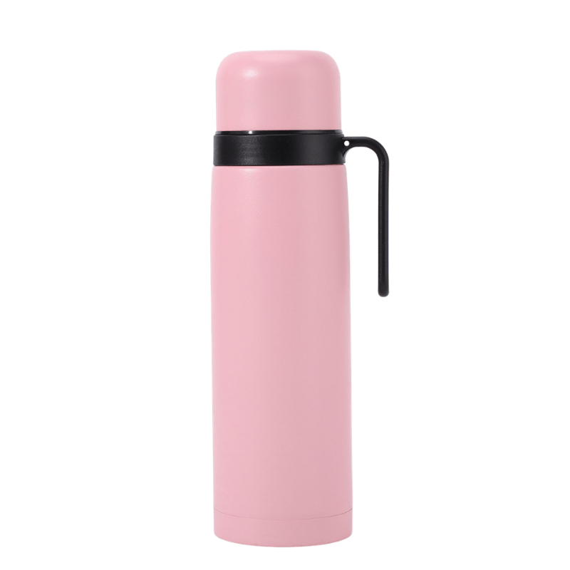 pink insulated flask with cup lid and handle