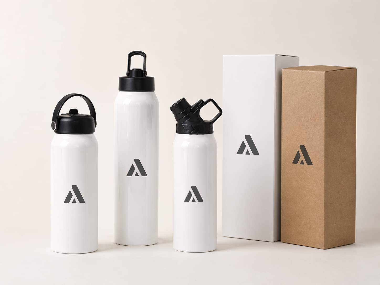 100 to 499 pcs custom bottle solution with laser logo, UV printing, and logo branded white or kraft box