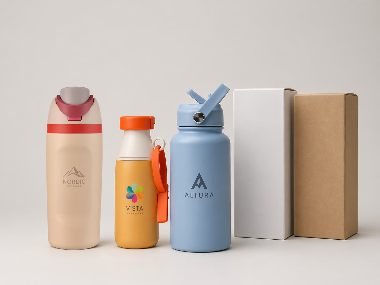 50 to 99 pcs custom bottle solution with laser logo, UV printing, and standard white or kraft box