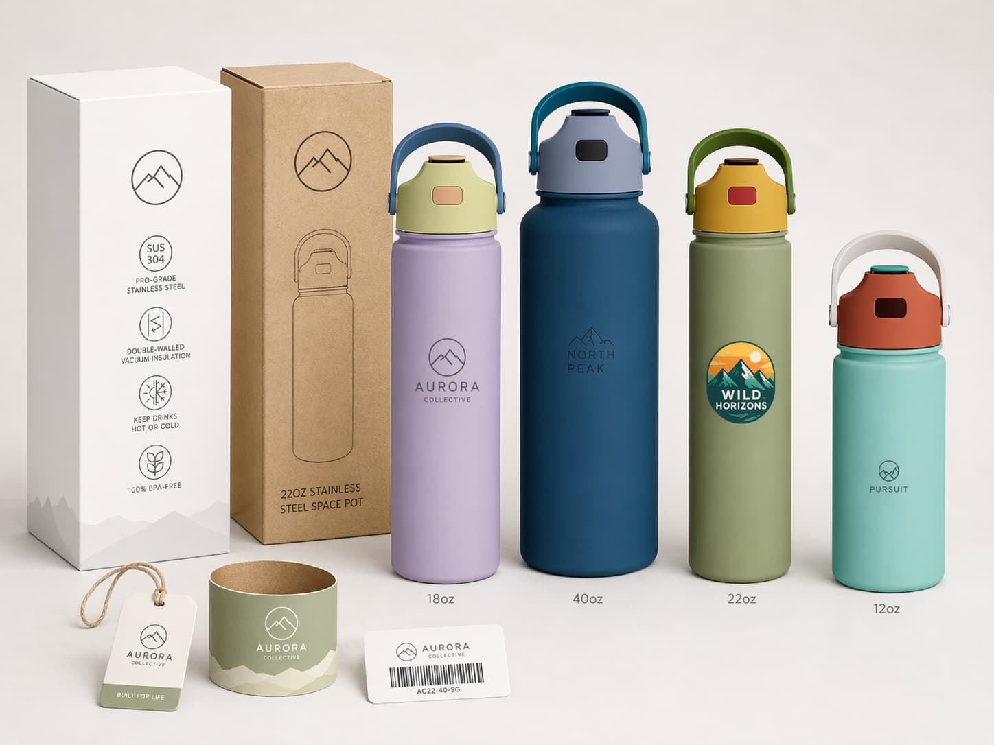 500 plus pcs custom bottle branding solution with logo printing, branded packaging, hang tags, and stickers