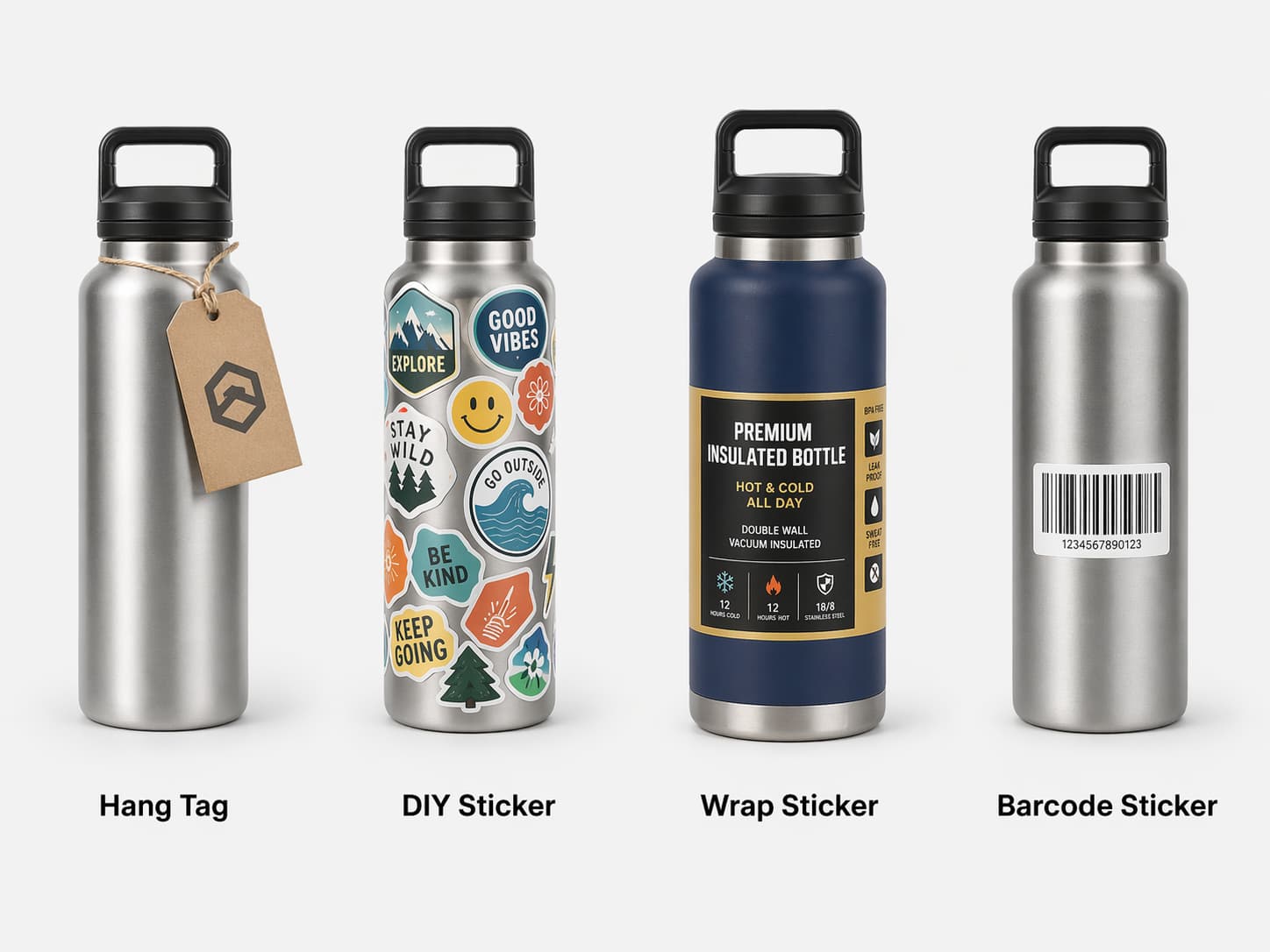 Additional branding options for 500 plus pcs orders including hang tag, DIY sticker, wrap sticker, and barcode sticker