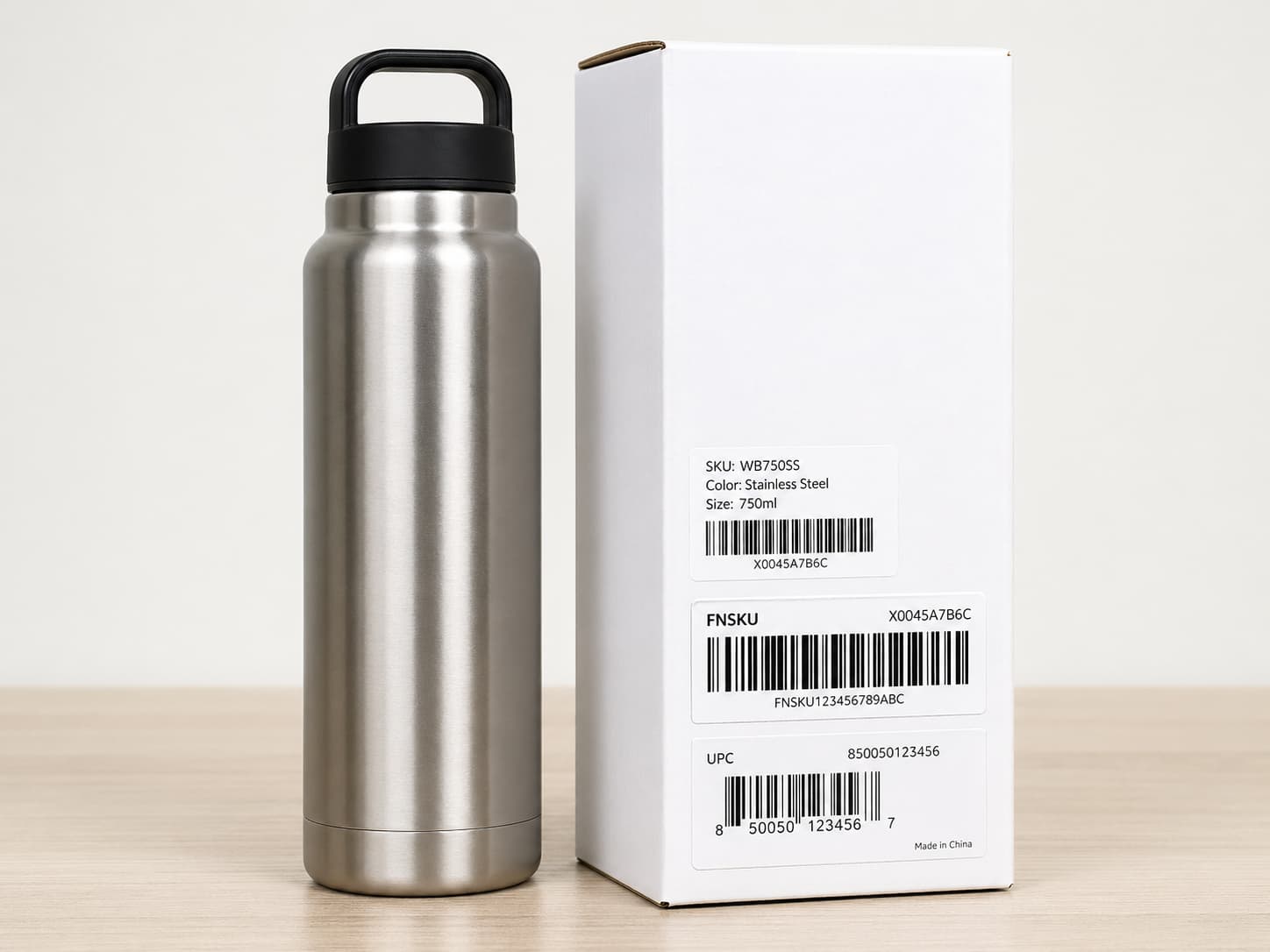 Barcode, SKU, and Amazon FNSKU labels for e-commerce drinkware packaging