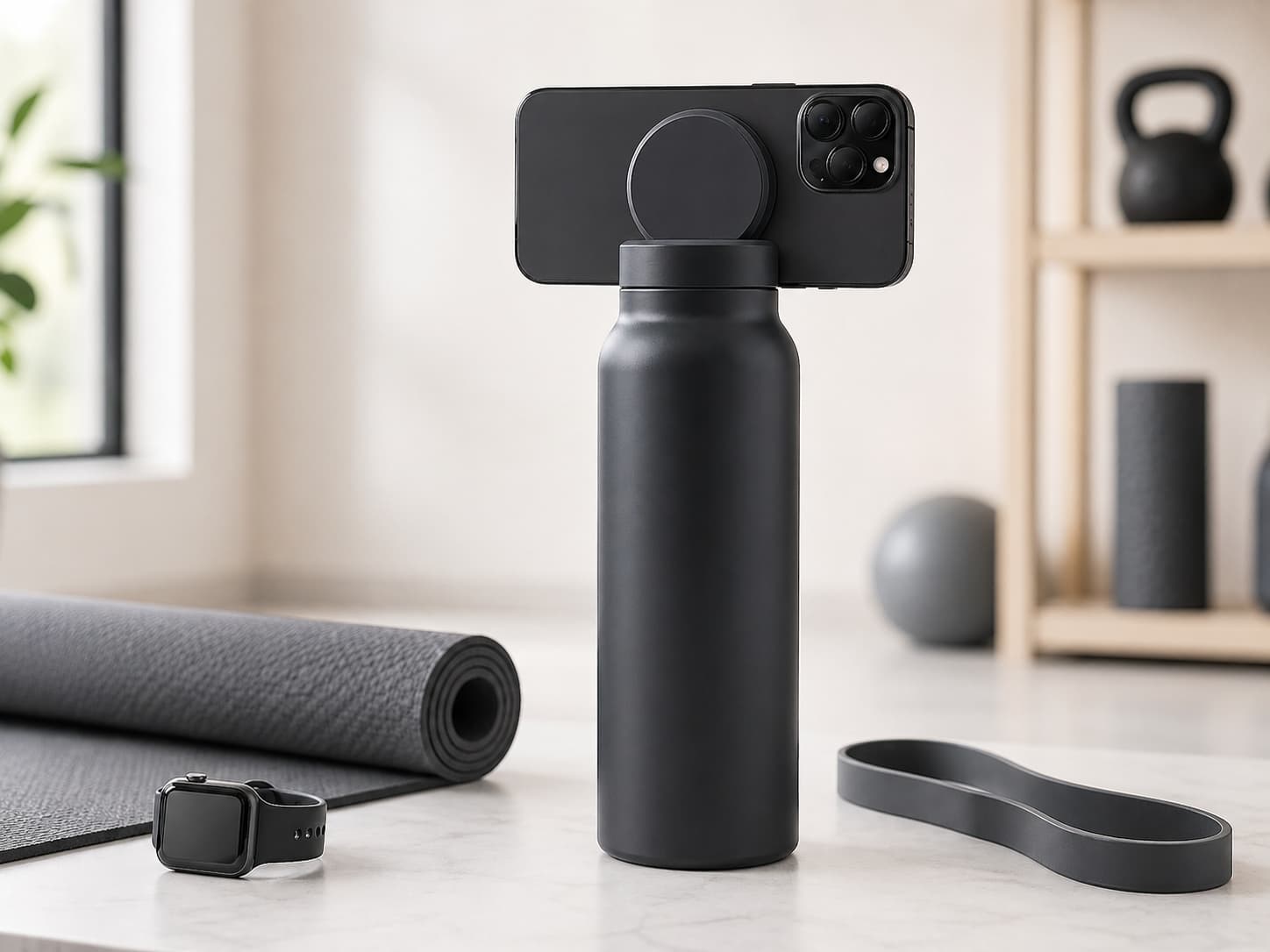 Black insulated bottle with magnetic phone holder and smartphone attached for app-based workouts