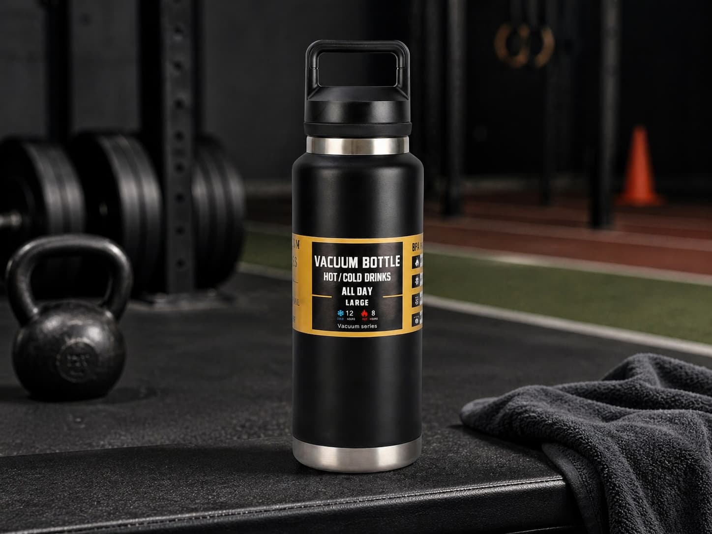 Black large-capacity vacuum bottle with carry handle on a rugged gym floor for long training hydration