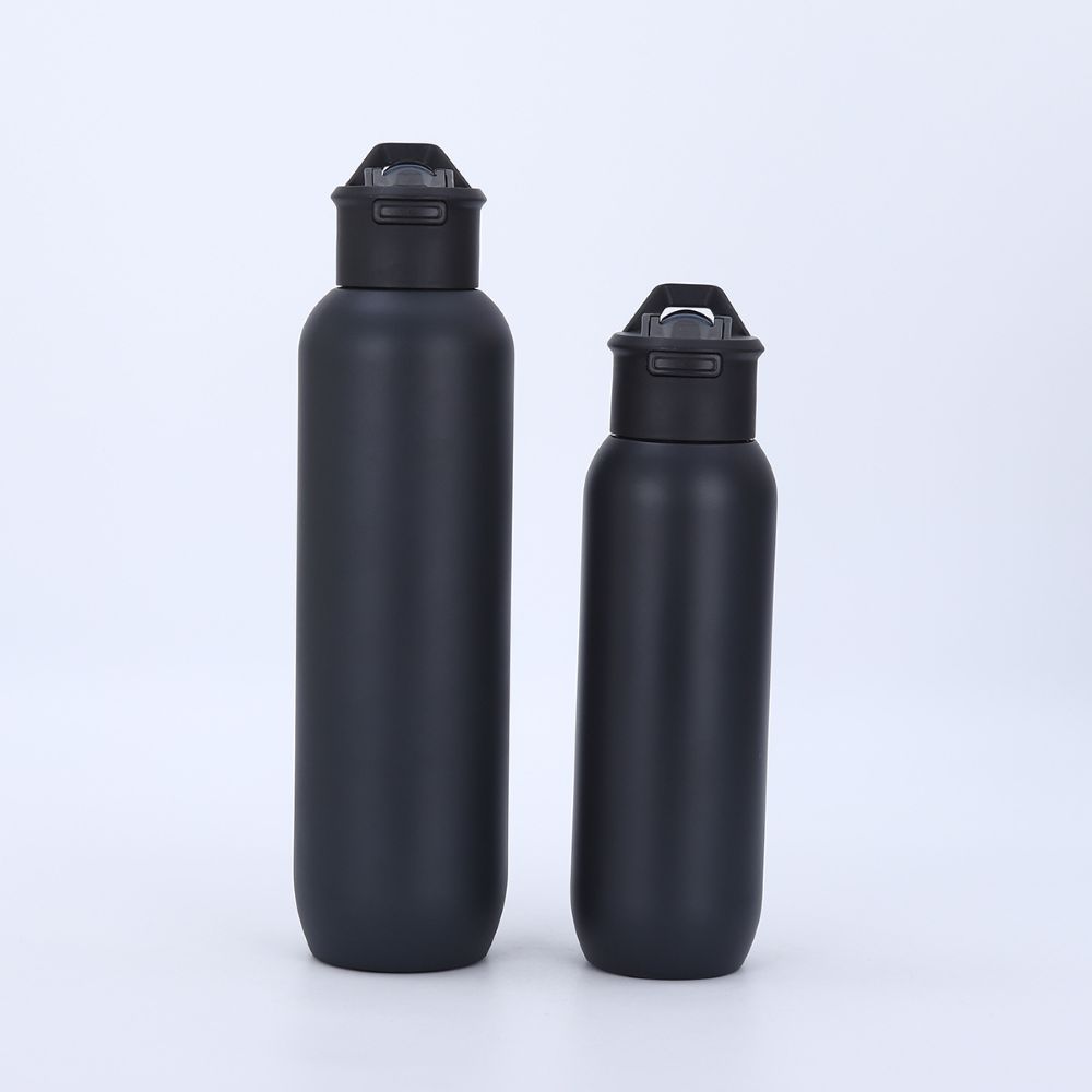 Black stainless steel insulated bottles with press-open straw lids