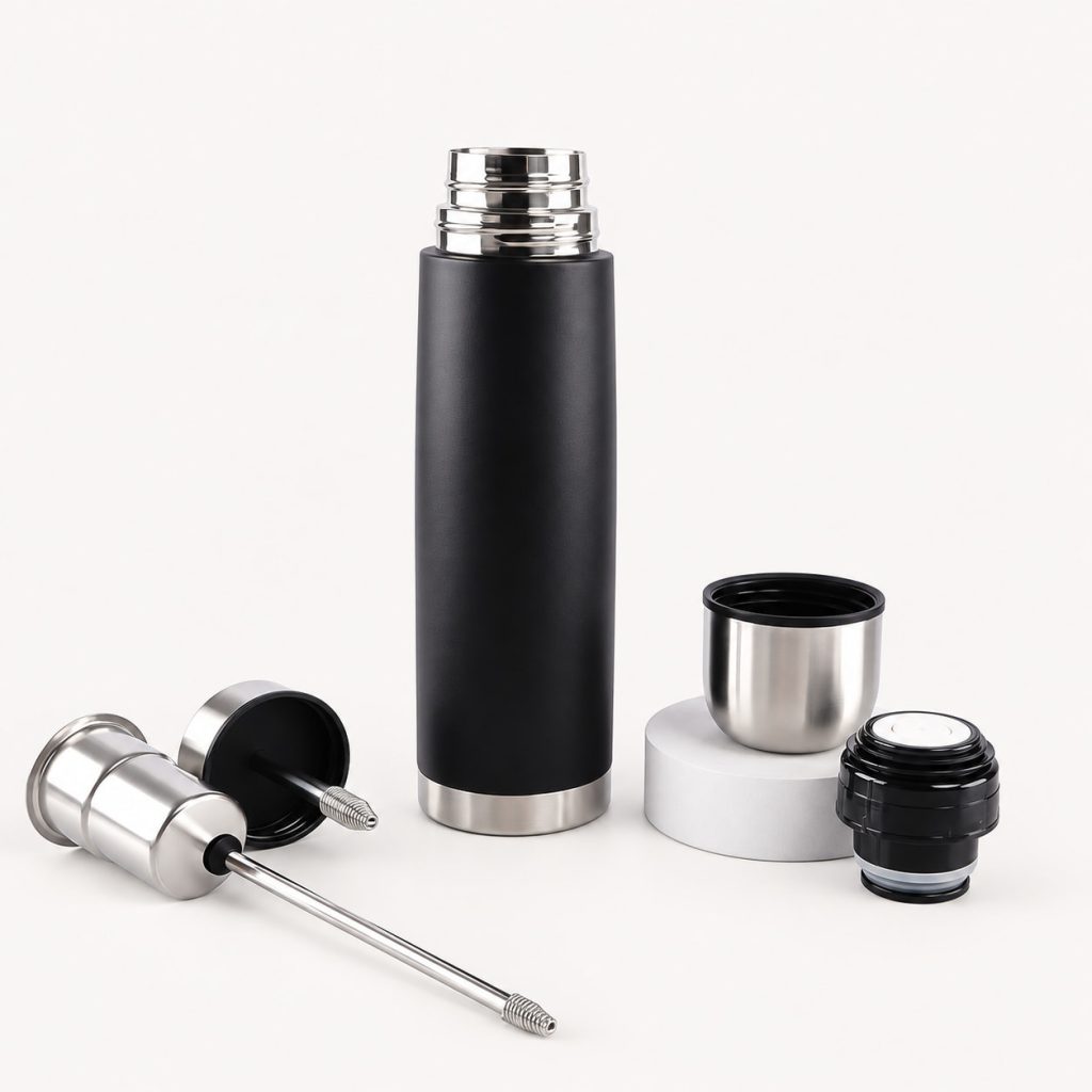 Black yerba mate insulated bottle with spring-filter straws, interchangeable lids and cup cap