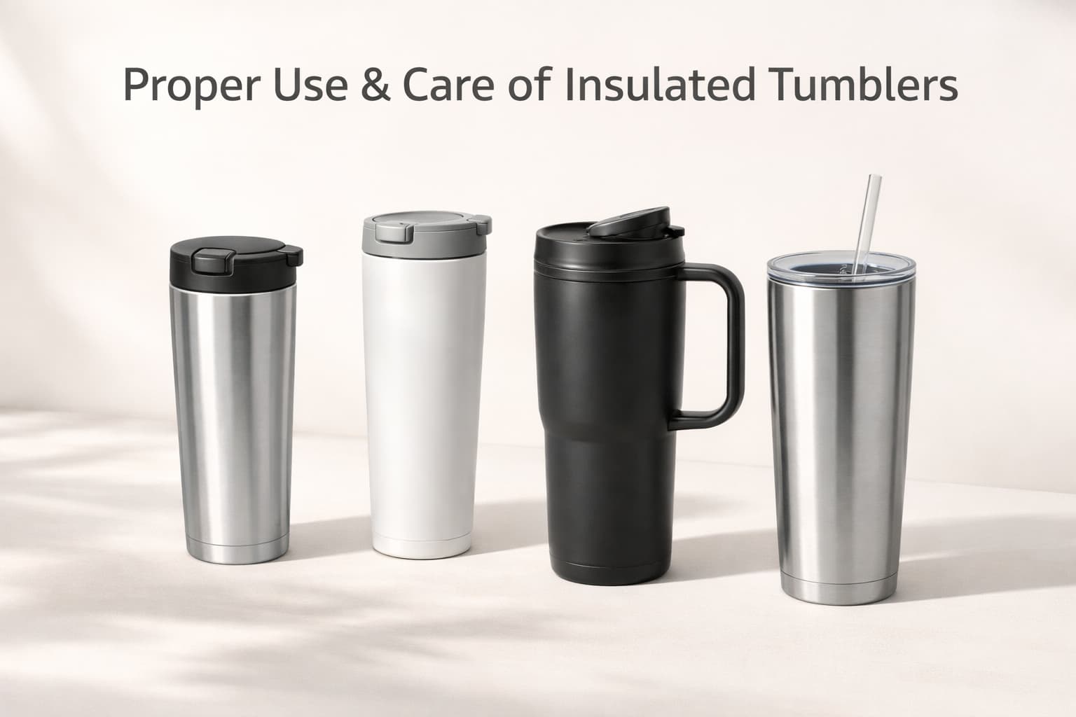 Blog header image with four stainless steel insulated tumblers on a light beige background and the English title “Proper Use & Care of Insulated Tumblers