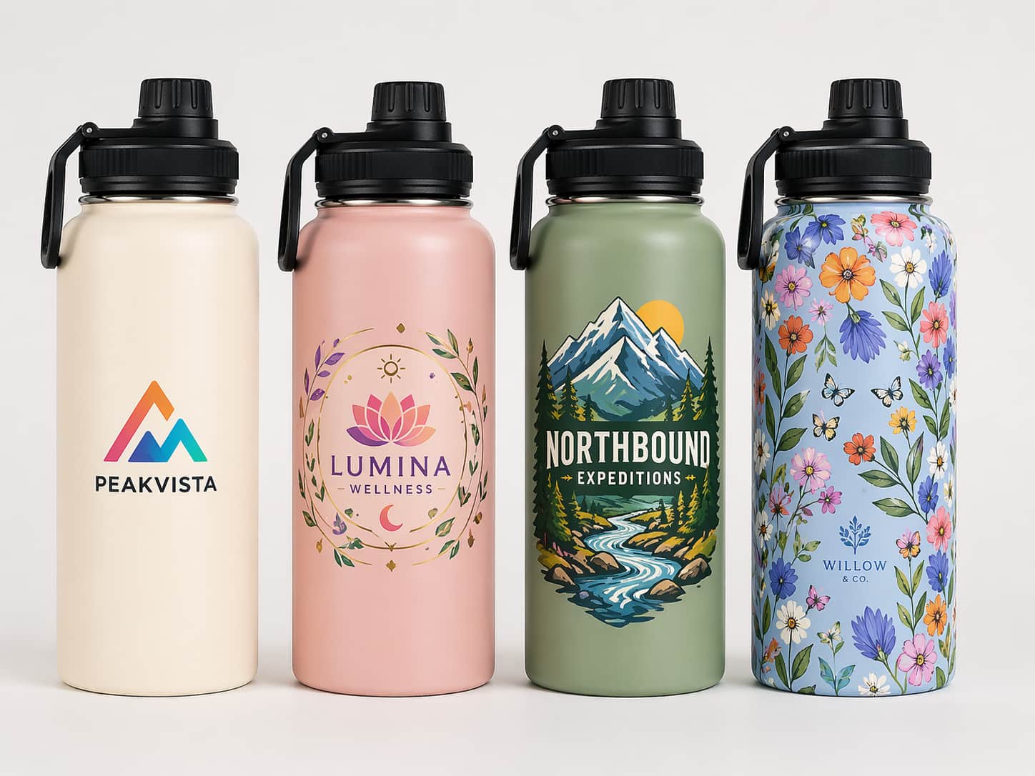 Close-up set of UV printed logo options on stainless steel water bottles