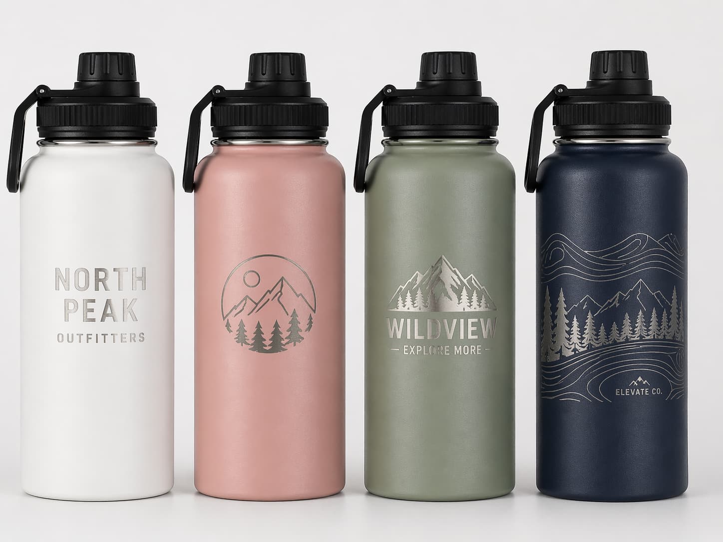 Close-up set of laser engraved logo options on stainless steel water bottles