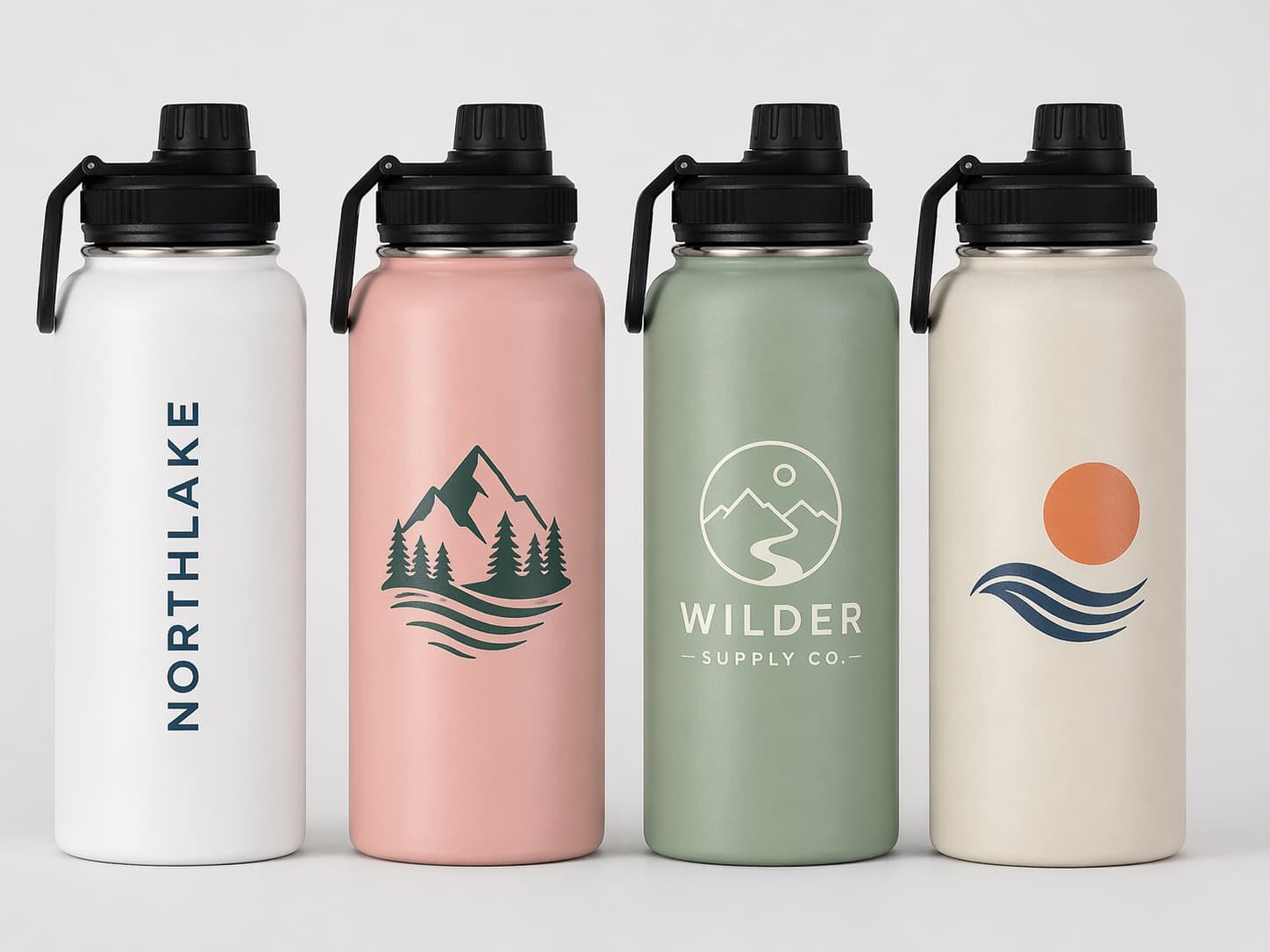Close-up set of silkscreen logo options on stainless steel water bottles