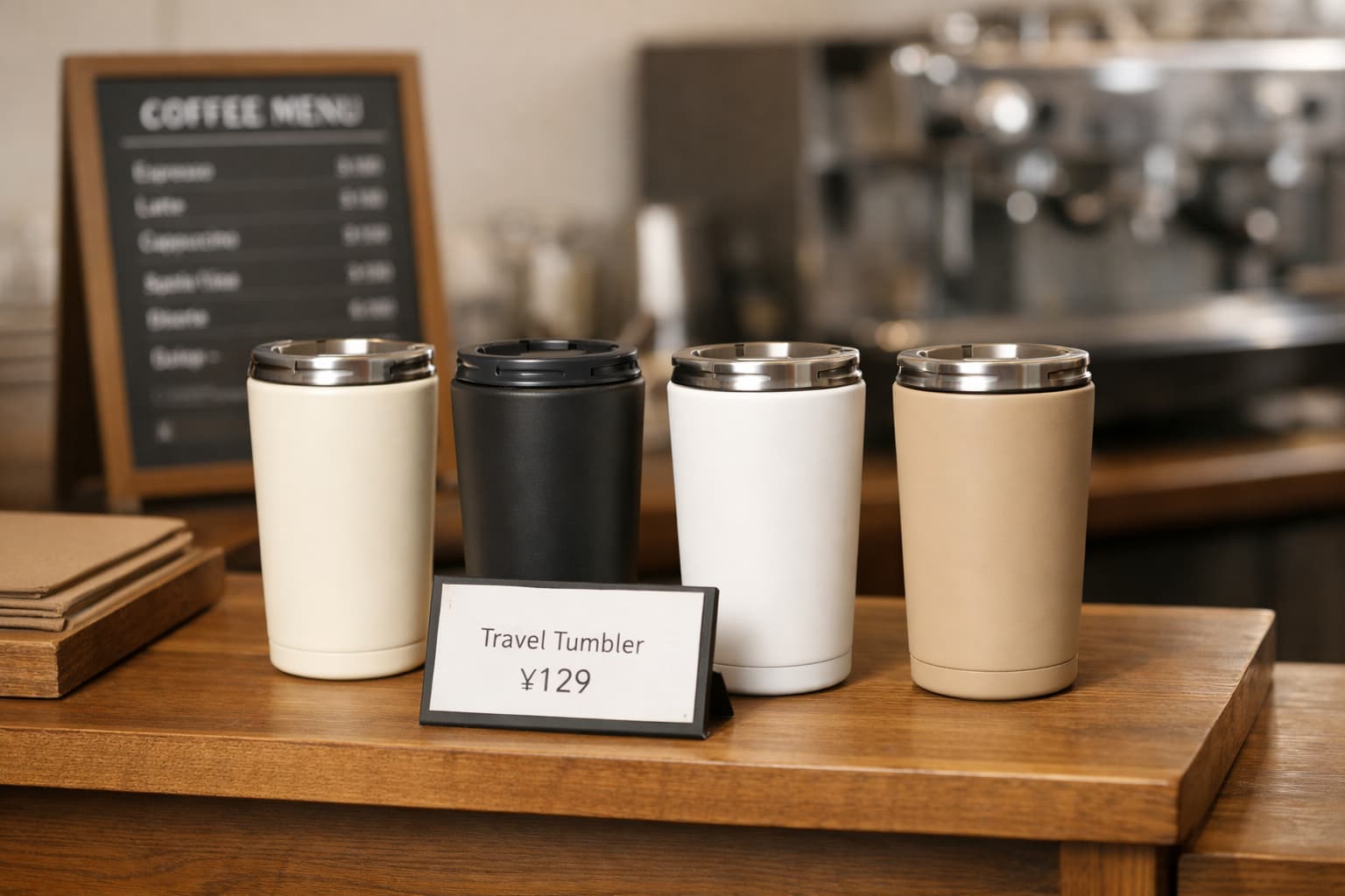 Cream, black, white, and khaki coffee tumblers displayed on a wooden café counter with a price sign and blurred coffee machine background