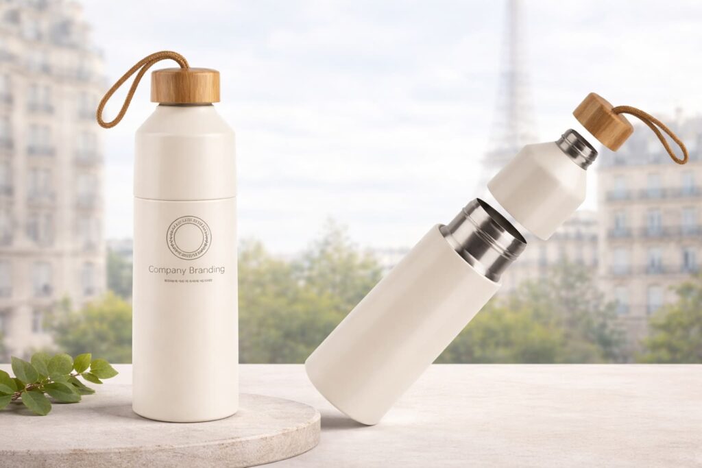 Cream-colored custom insulated stainless steel bottle with bamboo lid, laser engraved circular logo, and detachable body structure on a soft French-style background