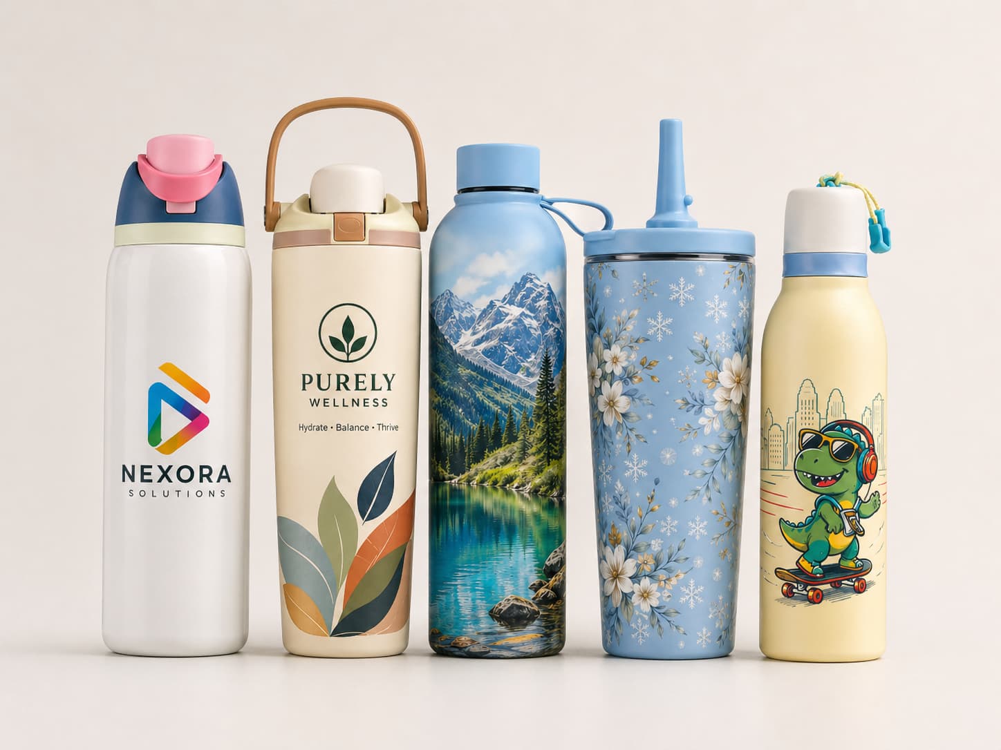Custom UV printed stainless steel bottle and tumbler collection showing full-color logo, logo with text, full-body artwork, seasonal floral pattern, and cartoon illustration designs.