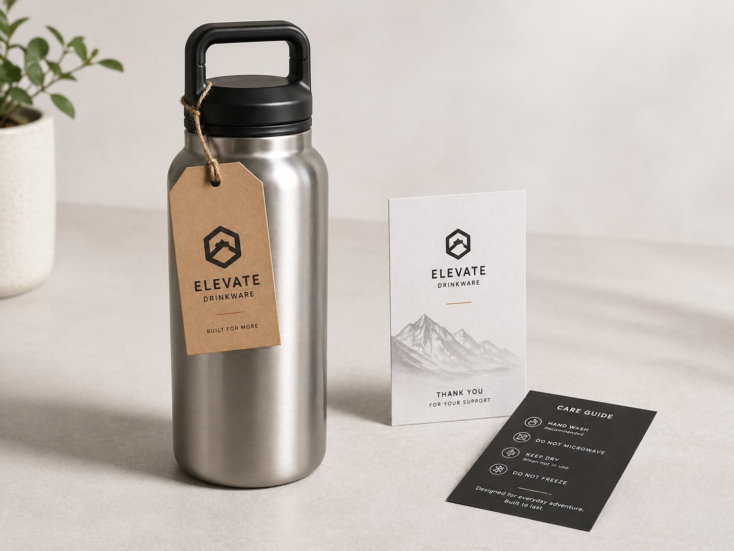 Custom drinkware hang tags and insert cards for stainless steel bottle branding