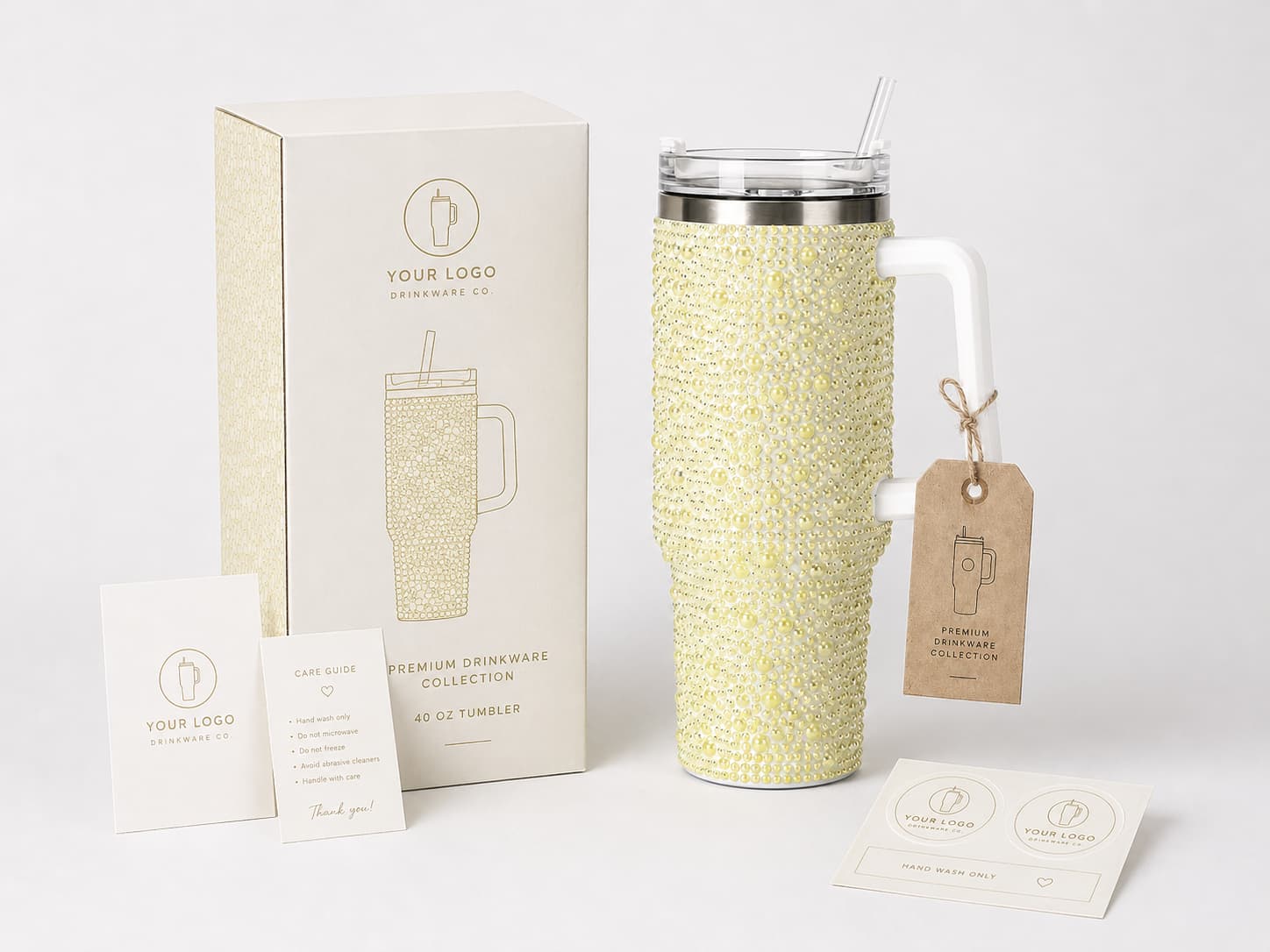 Custom drinkware labels hang tags and packaging support for logo and low MOQ bottle projects
