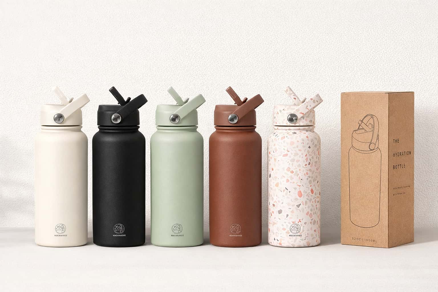 Custom matte insulated water bottle collection in five colorways with laser logo and kraft individual logo box on a light modern background