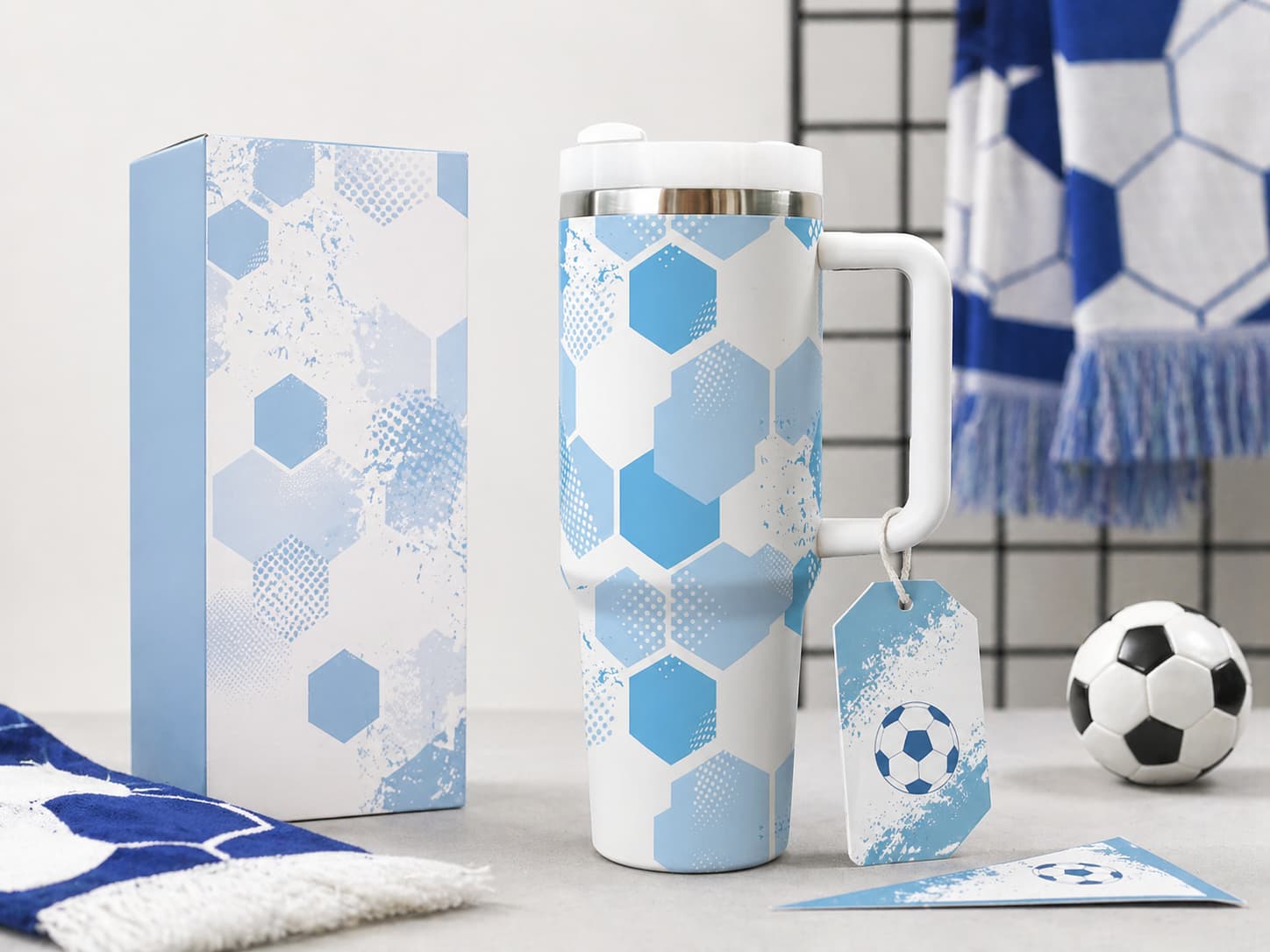 Custom soccer water bottles with fan merchandise styling, retail packaging, and hang tag presentation