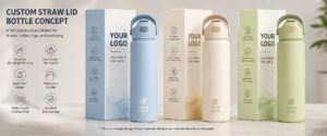 Custom straw lid insulated water bottle concept image with three pastel color options and matching branded packaging boxes for a private label drinkware project.