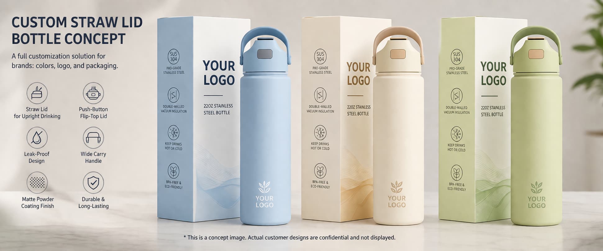 Custom straw lid insulated water bottle concept image with three pastel color options and matching branded packaging boxes for a private label drinkware project