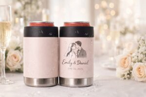 Custom wedding insulated can coolers with bride and groom illustration on a wedding reception table