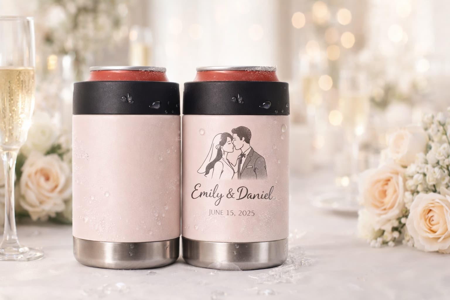 Custom wedding insulated can coolers with bride and groom illustration on a wedding reception table