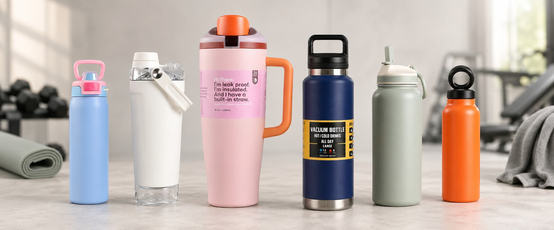 Fitness drinkware collection with pink handled tumbler, blue vacuum bottle, shaker bottle, straw-lid bottles, and orange sports bottle in a modern gym setting