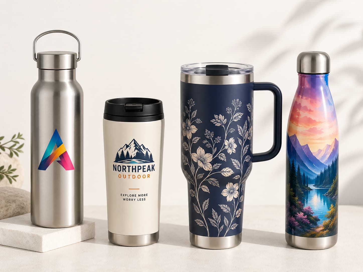Four stainless steel drinkware styles for UV printing including straight body water bottle coffee tumbler handled tumbler and slim bottle with full color logo and artwork designs
