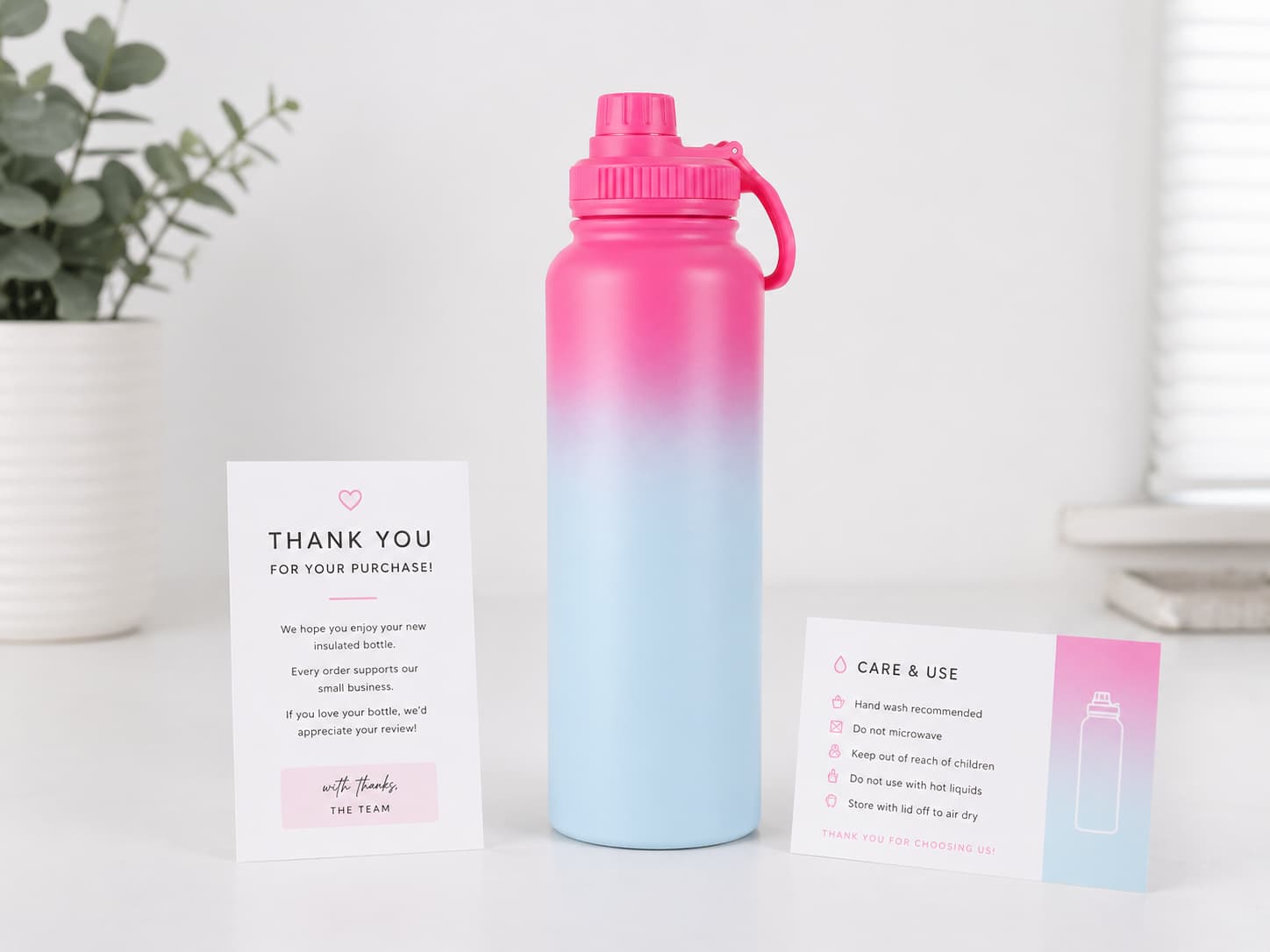 Gradient insulated sports bottle with thank-you card and care instruction card for private label drinkware packaging
