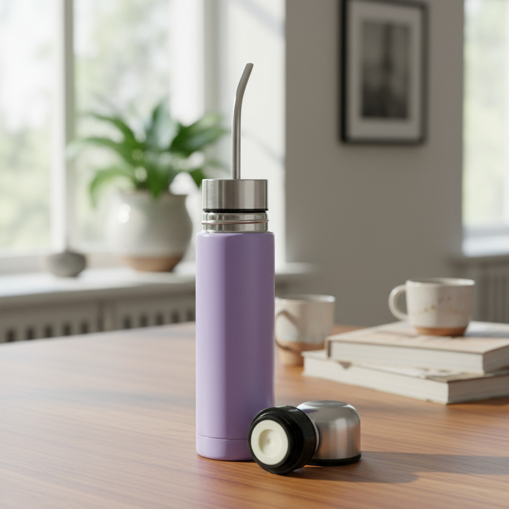 Light purple yerba mate thermos bottle on tabletop with removable lid